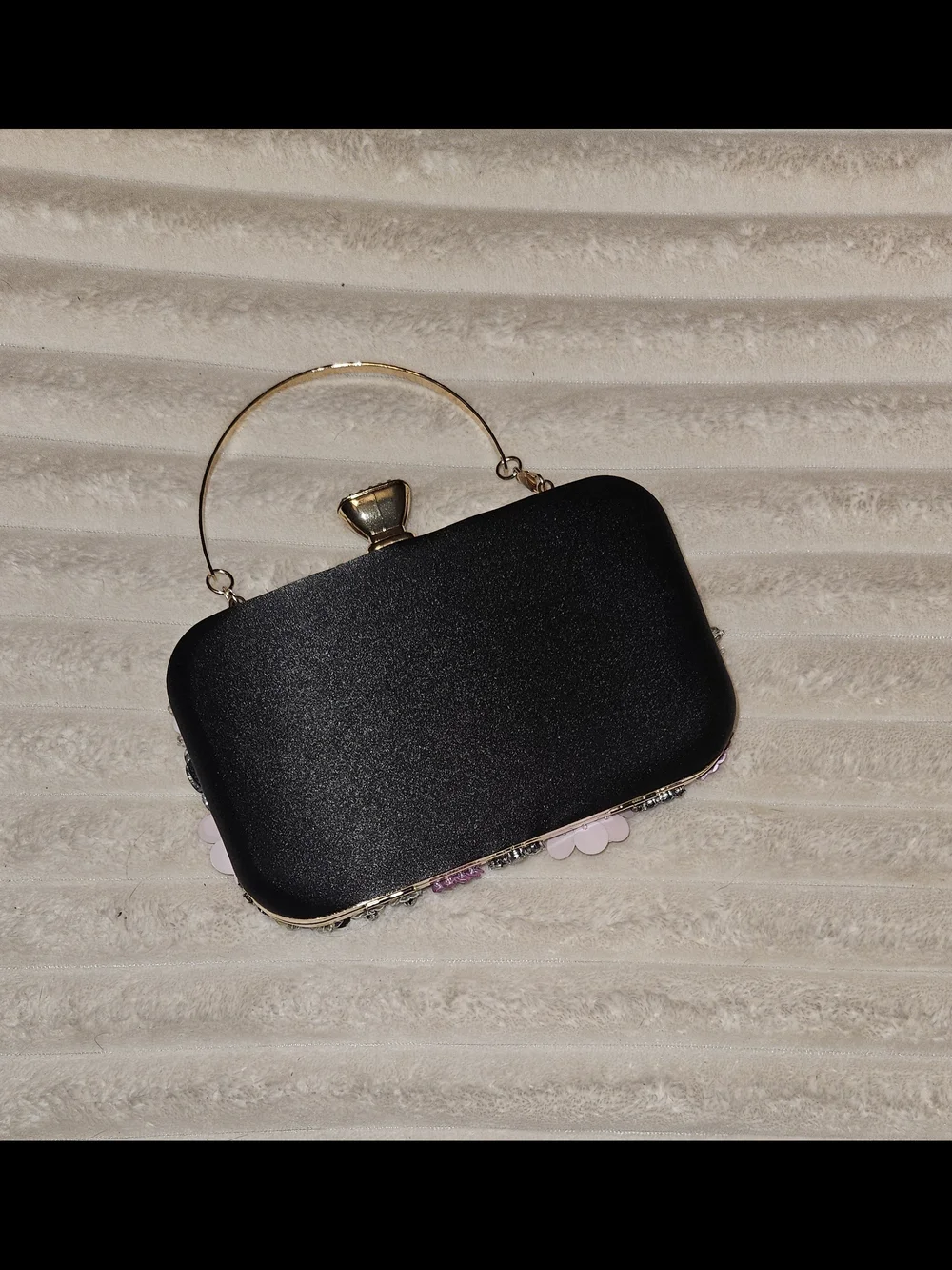 Floral Embellished Black Handbag with Pink & Gold Accents - Picture 3 of 4